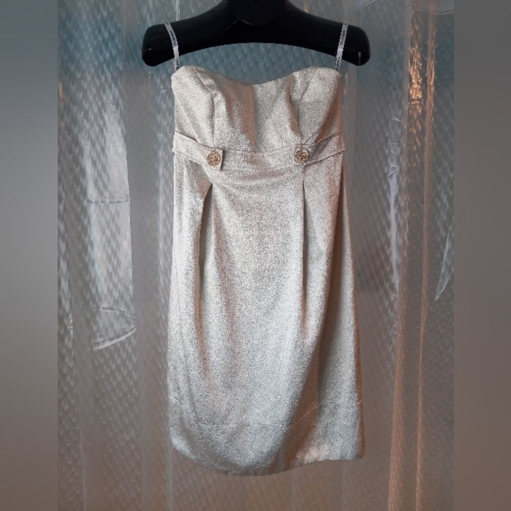 David's Bridal Empire Waist Sleeveless Cream/Metalic Mini Dress Sz 4/5